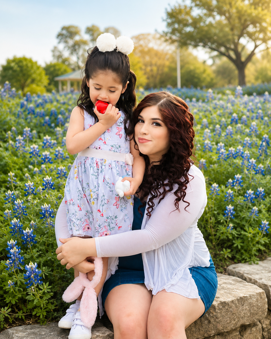 Founder Gabriella Zaragoza with her daughter Sophia in a bluebonnet field