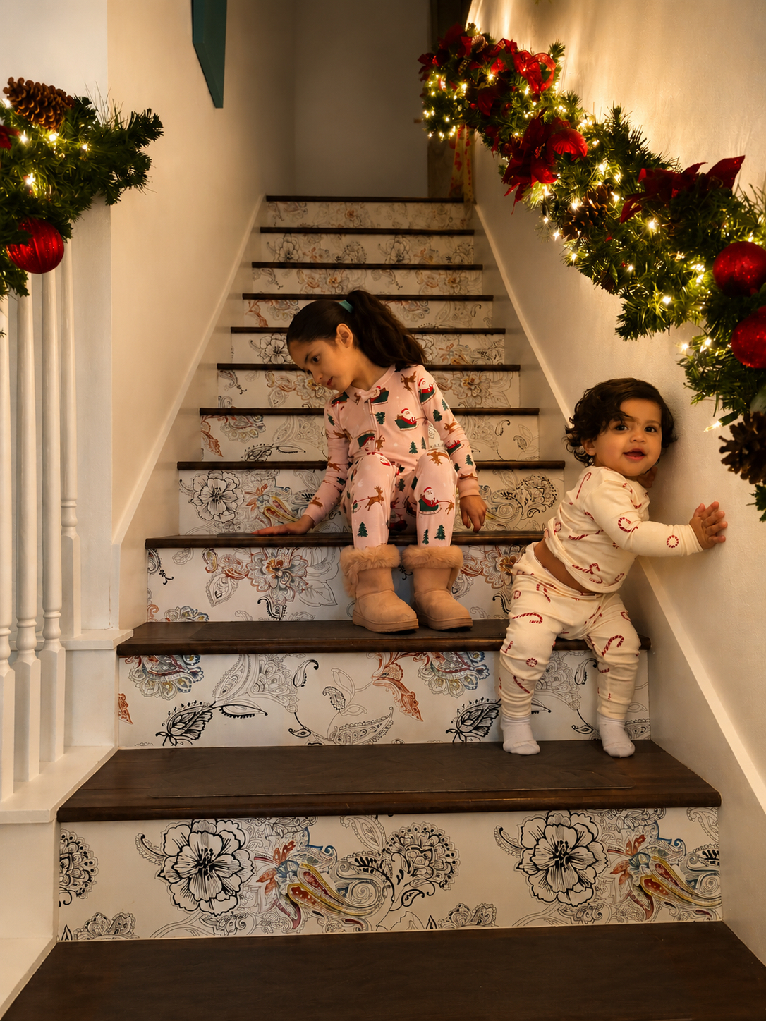 Sophia and her sibling on holiday-decorated stairs