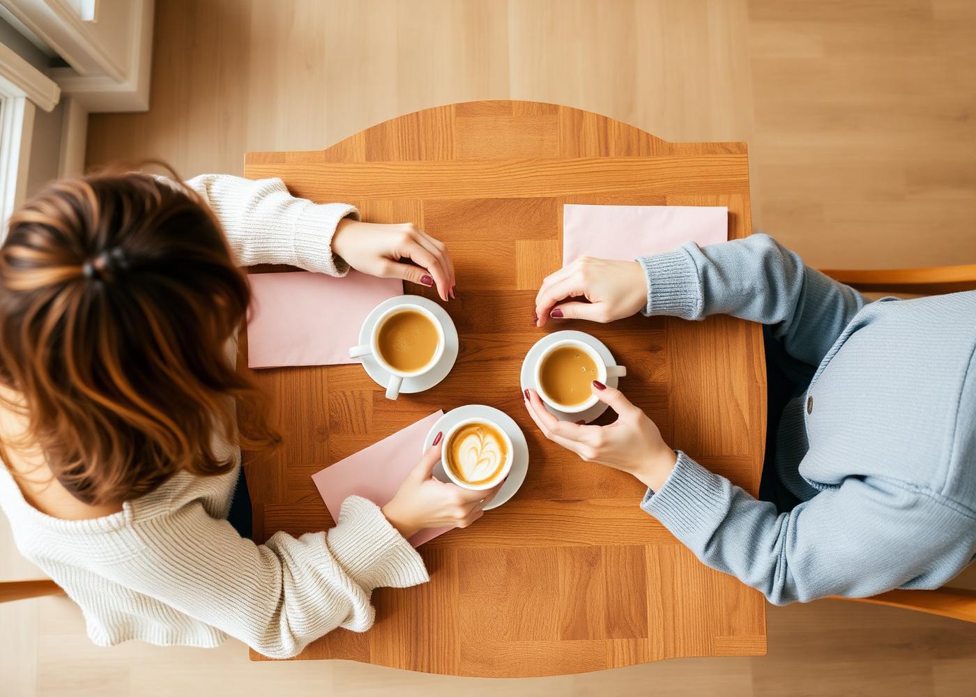 Two parents sharing coffee and conversation